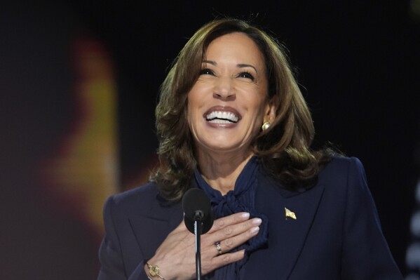 Democratic presidential nominee Vice President Kamala Harris speaks during the Democratic National Convention Thursday, Aug. 22, 2024, in Chicago. (AP Photo/Paul Sancya)