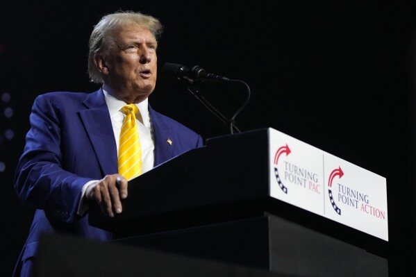 FILE - Republican presidential candidate former President Donald Trump speaks at a campaign rally, June 6, 2024, in Phoenix. Trump on Monday, June 10, will address a Christian group that calls for abortion to be "eradicated entirely," as the presumptive Republican nominee again takes on an issue that Democrats want to make a focus of this year's presidential election. (AP Photo/Rick Scuteri, File)