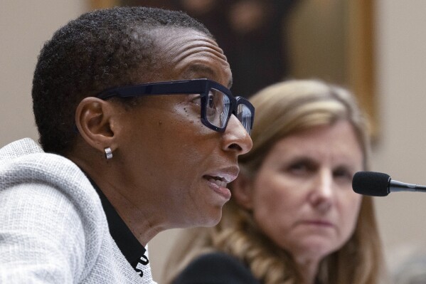 Harvard President Claudine Gay, left, speaks as University of Pennsylvania President Liz Magill listens during a hearing of the House Committee on Education on Capitol Hill, Tuesday, Dec. 5, 2023 in Washington. (AP Photo/Mark Schiefelbein)