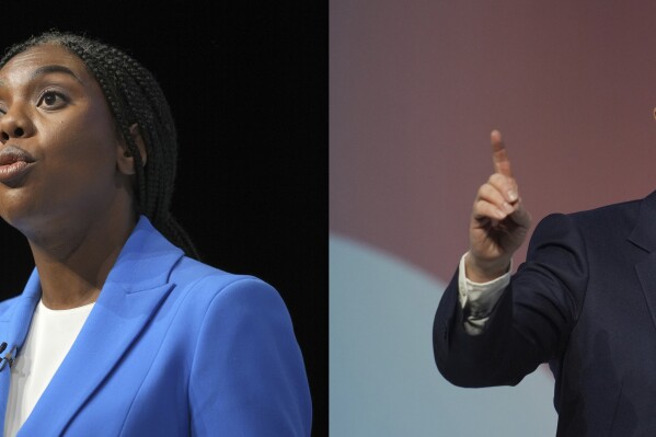 This combo shows conservative leadership candidate Kemi Badenoch, left, and conservative leadership candidate Robert Jenrick addressing members during the Conservative Party Conference at the International Convention Centre in Birmingham, England, Wednesday, Oct. 2, 2024. (AP Photo/Kin Cheung)