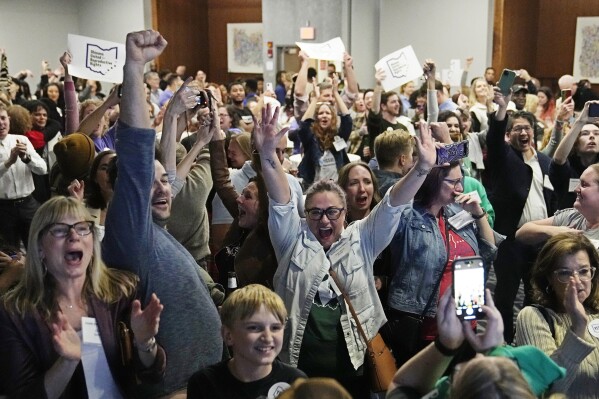 FILE - Issue 1 supporters cheer as they watch election results come in, Tuesday, Nov. 7, 2023, in Columbus Ohio. (AP Photo/Sue Ogrocki, file)