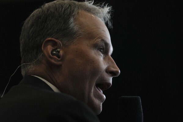 Northwestern head coach Chris Collins speaks during the Big Ten men's NCAA college basketball media day Thursday, Oct. 3, 2024, in Rosemont, Ill. (AP Photo/Erin Hooley)