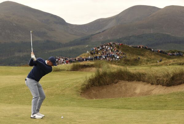 Northern Ireland's Rory McIlroy on the 5th fairway during day two of the Amgen Irish Open 2024 at Royal County Down in Newcastle, County Down, Ireland, Friday Sept. 13, 2024. (Liam McBurney/PA via AP)