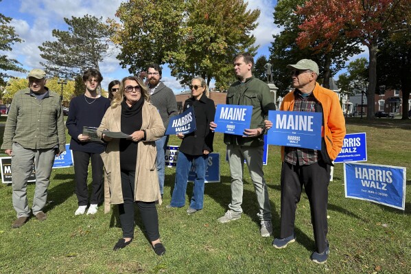 Maine House Assistant Majority Leader Kristen Cloutier speaks at an early voting rally for Vice President Kamala Harris's presidential campaign at Kennedy Park in Lewiston, Maine, on Tuesday, Oct. 15, 2024. (AP Photo/Patrick Whittle)