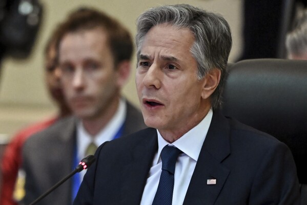 U.S. Secretary of State Antony Blinken speaks at the 12th ASEAN-U.S. Summit in Vientiane Friday, Oct. 11, 2024. (Tang Chhin Sothy/Pool Photo via AP)