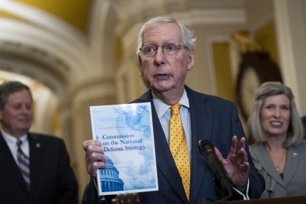 Senate Minority Leader Mitch McConnell, R-Ky., speaks to the media following the Senate Republican policy luncheon at Capitol Hill in Washington, Tuesday, Sept. 17, 2024. (AP Photo/Ben Curtis)