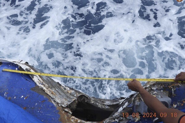 This photo provided by the Philippine Coast Guard, shows damage on the Philippines coast guard vessel BRP Cape Engano (MRRV-4411) after a collision with a Chinese coast guard ship Monday, Aug. 19, 2024 in the disputed South China Sea. (Philippine Coast Guard via AP)