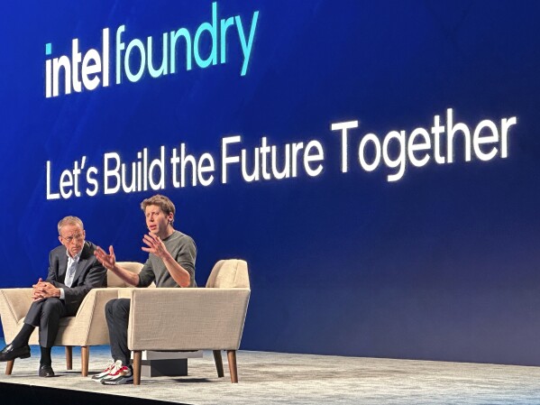 OpenAI Sam Altman, right, discusses the need for more chips designed for artificial intelligence with Intel CEO Pat Gelsinger on Wednesday, Feb. 21, 2024, during a conference in San Jose, Calif. (AP Photo/Michael Liedtke)