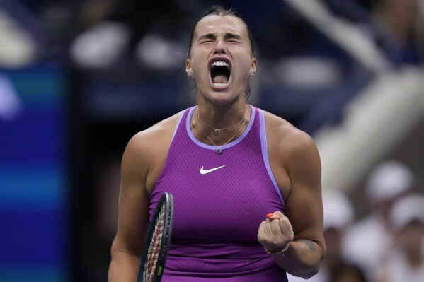 Aryna Sabalenka, of Belarus, reacts against Jessica Pegula, of the United States, during the women's singles final of the U.S. Open tennis championships, Saturday, Sept. 7, 2024, in New York. (AP Photo/Frank Franklin II)