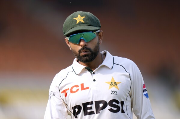 Pakistan's Babar Azam looks during the third day of the first test cricket match between Pakistan and England, in Multan, Pakistan, Wednesday, Oct. 9, 2024. (AP Photo/Anjum Naveed)