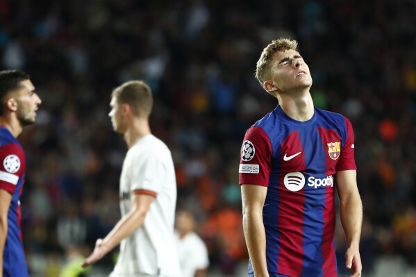 Barcelona's Fermin Lopez reacts during the Champions League Group H soccer match between Barcelona and Shakhtar Donetsk at the Olympic Stadium in Barcelona, Spain, Wednesday, Oct. 25, 2023. (AP Photo/Joan Monfort)