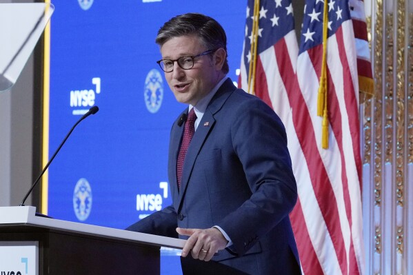 Speaker of the House Mike Johnson, R-La., delivers an economic address to financial and business leaders, at the New York Stock Exchange, Tuesday, Oct. 1, 2024. (AP Photo/Richard Drew)