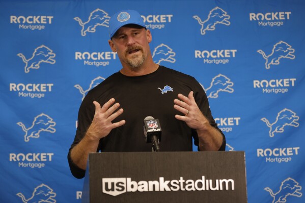 Detroit Lions head coach Dan Campbell speaks to the media after an NFL football game against the Minnesota Vikings, Sunday, Oct. 20, 2024, in Minneapolis. (AP Photo/Bruce Kluckhohn)