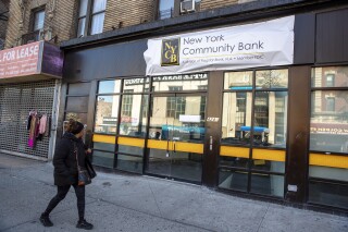 FILE - A New York Community Bank branch is in upper Manhattan in New York on February 9, 2024. (AP Photo/Ted Shaffrey, File)