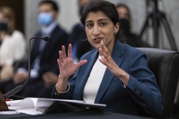 FILE - Lina Khan, then the nominee for Commissioner of the Federal Trade Commission (FTC), speaks a confirmation hearing, April 21, 2021, on Capitol Hill in Washington. (Graeme Jennings/Washington Examiner via AP, Pool, File)