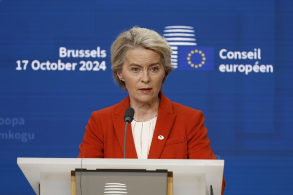 European Commission President Ursula von der Leyen speaks during a media conference at an EU summit in Brussels, Thursday, Oct. 17, 2024. (AP Photo/Geert Vanden Wijngaert)