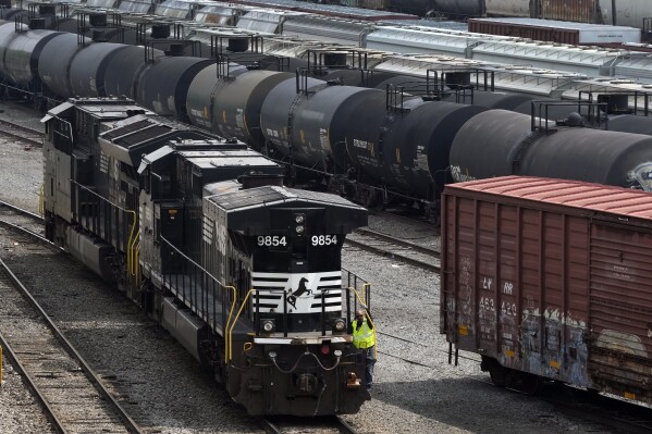 FILE - Norfolk Southern locomotives are moved through the Conway Terminal in Conway, Pa., on June 17, 2023. (AP Photo/Gene J. Puskar, File)