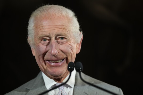 Britain's King Charles III smiles during his speech as he attends the inaugural King's Foundation charity awards at St James's Palace in London, June 11, 2024. (AP Photo/Kirsty Wigglesworth, Pool, File)