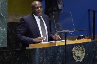 Britain's Foreign Secretary David Lammy addresses the the Summit of the Future, in the United Nations General Assembly, Monday, Sept. 23, 2024. (AP Photo/Richard Drew)