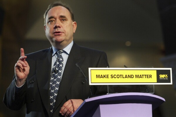 File photo dated 14/04/05 of FILE - Alex Salmond, leader of the Scottish National Party is photographed on April 14, 2005. (Maurice McDonald/PA via AP)