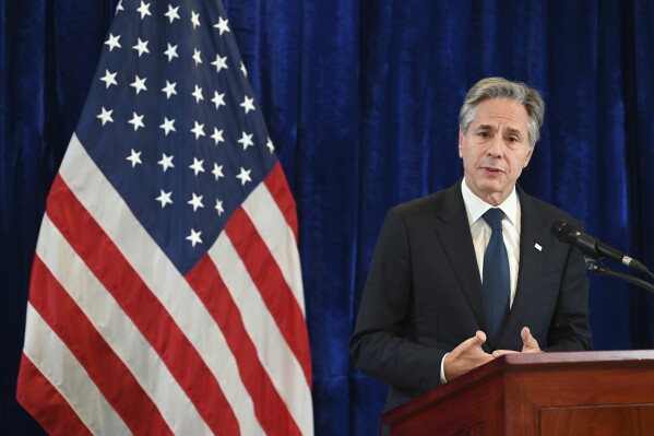 U.S. Secretary of State Antony Blinken speaks at a news conference during the Association of Southeast Asian Nations (ASEAN) Summit in Vientiane, Laos, Friday, Oct. 11, 2024. (Tang Chhin Sothy/Pool Photo via AP)