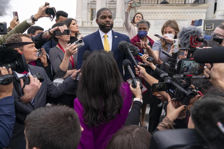 Rep. Byron Donalds, R-Fla., who has been nominated for Speaker of the House, speaks to members of the media on the House steps, Wednesday, Jan. 4, 2023, on Capitol Hill in Washington. (AP Photo/Jacquelyn Martin)