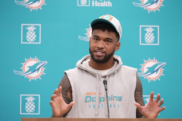 Miami Dolphins quarterback Tua Tagovailoa speaks during an NFL football news conference, Monday, Oct. 21, 2024, at the Dolphins training facility in Miami Gardens, Fla. (AP Photo/Wilfredo Lee)