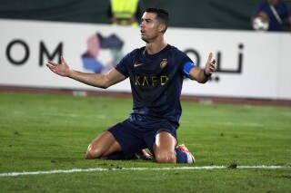 FILE - Saudi Arabia's Al Nassr Cristiano Ronaldo reacts in a match with Iran's Persepolis during their AFC Champions League soccer match at the Azadi Stadium in Tehran, Iran, on Sept. 19, 2023. (AP Photo/Vahid Salemi), File)