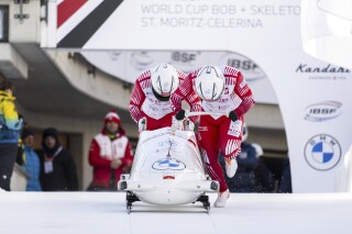 Poland's Rados Aw Sobczyk and Seweryn Sosna start the Two Men's Bob world cup race in St. Moritz, Switzerland, Saturday, Jan. 13, 2024. (Mayk Wendt/Keystone via AP)