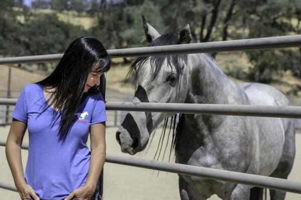 Photographer Maria Marriott with wild horse Bandero at Sweetbeau Horses Ranch