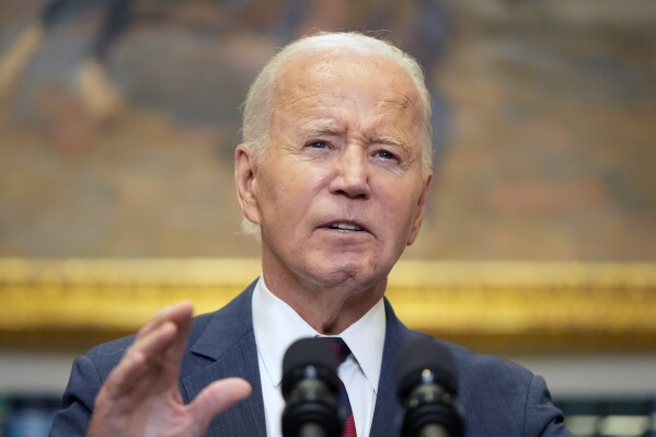 President Joe Biden speaks about Hurricane Milton from the Roosevelt Room at the White House in Washington, Wednesday, Oct. 9, 2024. (AP Photo/Mark Schiefelbein)