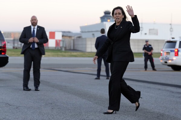 Democratic presidential nominee Vice President Kamala Harris arrives at LaGuardia Airport, Monday Oct. 7, 2024, in New York. (AP Photo/Jacquelyn Martin)