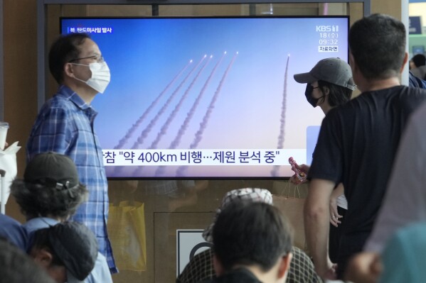 A TV screen shows a file image of North Korea's missiles launch during a news program at Seoul Railway Station in Seoul, South Korea, Wednesday, Sept. 18, 2024. (AP Photo/Ahn Young-joon)