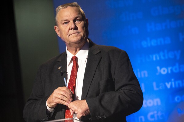 U.S. Sen. Jon Tester prepares to debate GOP challenger Tim Sheehy on campus at the University of Montana in Missoula, Mont., Monday, Sept. 30, 2024. (Ben Allan Smith/The Missoulian via AP)