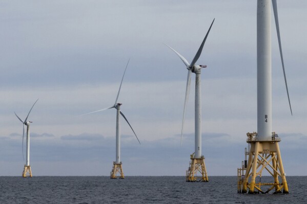 FILE - Turbines operate at the Block Island Wind Farm, Dec. 7, 2023, off the coast of Block Island, R.I. A California congressman is asking for tribes to be part of the decision-making as the first offshore wind farms are developed along the West Coast. U.S. Rep. Jared Huffman sent a letter to federal regulators Friday, May 17, 2024, asking that they “urgently place” a senior official in California to respond to tribal needs as offshore wind is developed. (AP Photo/Julia Nikhinson, File)