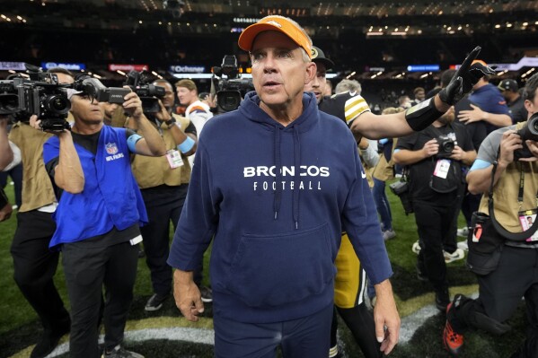 Denver Broncos head coach Sean Payton walks off the field after an NFL football game against the New Orleans Saints, Thursday, Oct. 17, 2024, in New Orleans. The Broncos won 33-10. (AP Photo/Gerald Herbert)