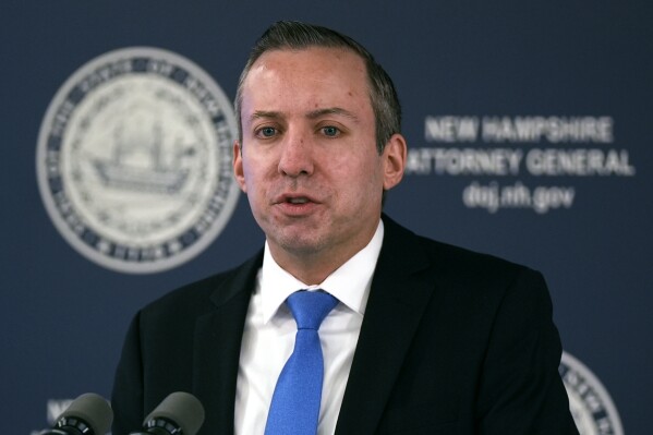 FILE - New Hampshire Attorney General John Formella addresses reporters during a news conference, Jan. 25, 2024, in Concord, N.H. (AP Photo/Charles Krupa, File)