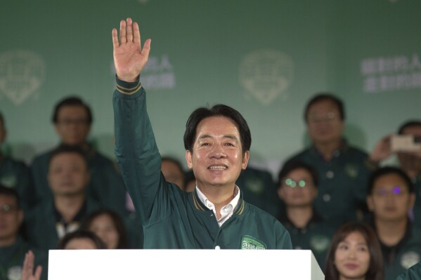 FILE - Taiwanese Vice President Lai Ching-te, also known as William Lai celebrates his victory after Taiwan's presidential election, in Taipei, Taiwan, Saturday, Jan. 13, 2024. Lai Ching-te is set to take office as Taiwan's new president on May 20. Building on the legacy of incumbent president Tsai, Ing-wen means aiming to strike a balance between cultivating Taiwan's unofficial alliance with the United States, and maintaining peace with China, which claims Taiwan as its own territory, to be retaken by force if necessary. (AP Photo/Chiang Ying-ying, File)