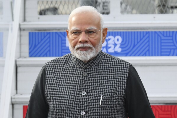 Indian Prime Minister Narendra Modi arrives at Kazan International Airport prior to the BRICS summit in Kazan, Russia, Tuesday, Oct. 22, 2024. (Ilya Pitalev/Photo host brics-russia2024.ru via AP)