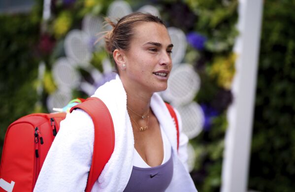 Aryna Sabalenka is shown at Wimbledon Monday, July 1, 2024. Third-seeded Aryna Sabalenka withdrew from Wimbledon on Monday because of an injured shoulder. The two-time Australian Open champion was supposed to play Emina Bektas of the United States in the first round on Day 1 at the grass-court Grand Slam tournament. (John Walton/PA via AP)