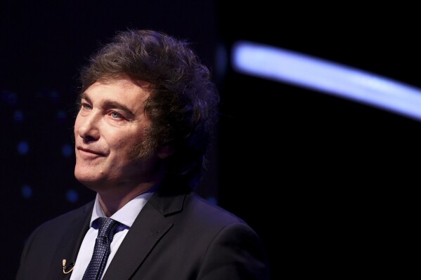 Presidential candidate of the Liberty Advances coalition Javier Milei attends a presidential candidate debate ahead of the October general election in Santiago del Estero, Argentina, Sunday, Oct. 1, 2023. (AP Photo/Tomas F. Cuesta, Pool via AP)