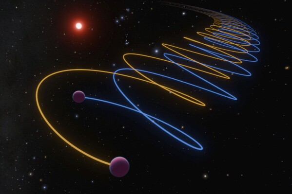 This illustration provided by Caltech depicts the orbits of brown dwarf twins, Gliese 229Ba and Gliese 229Bb, with a separation only 16 times larger than the distance between Earth and the Moon. The pair of stars orbits a cool M-dwarf star every 250 years. (K. Miller, R. Hurt/Caltech/IPAC)