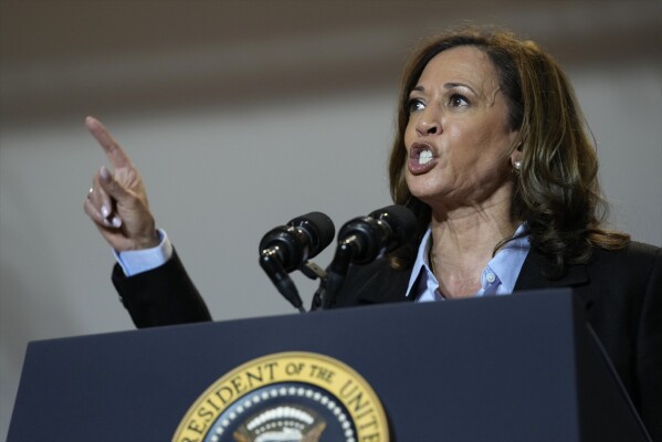 Democratic presidential nominee Vice President Kamala Harris campaigns with President Joe Biden at the IBEW Local Union #5 union hall in Pittsburgh on Labor Day, Monday, Sept. 2, 2024. (AP Photo/Susan Walsh)