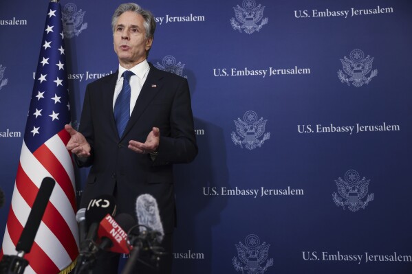 U.S. Secretary of State Antony Blinken speaks to media at the David Kempinski Hotel in Tel Aviv, Israel, Monday, Aug. 19, 2024. (Kevin Mohatt/Pool Photo via AP)