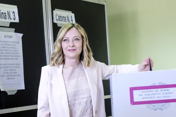 Italian Prime Minister Giorgia Meloni casts her vote for the European Parliament elections, in Rome, Saturday, June 8, 2024. Nearly 400 million European Union citizens have been going to polls this week to elect members of the European Parliament, or MEPs, in one of the biggest global democratic events. (Mauro Scrobogna/LaPresse via AP)