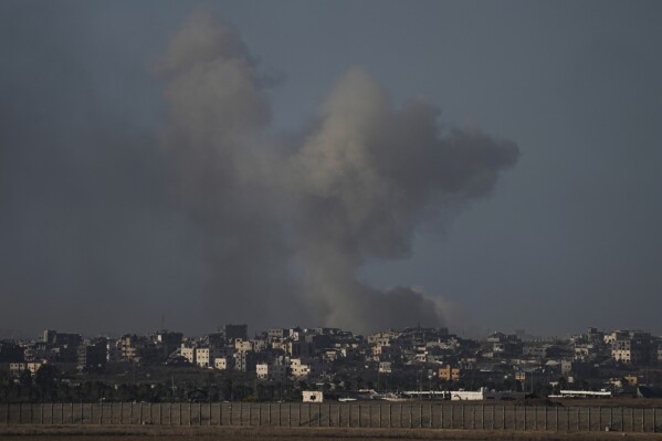 File - Smoke rises following Israeli bombardment on the Gaza Strip, as seen from southern Israel, Sunday, Oct. 20, 2024. (AP Photo/Tsafrir Abayov, File)