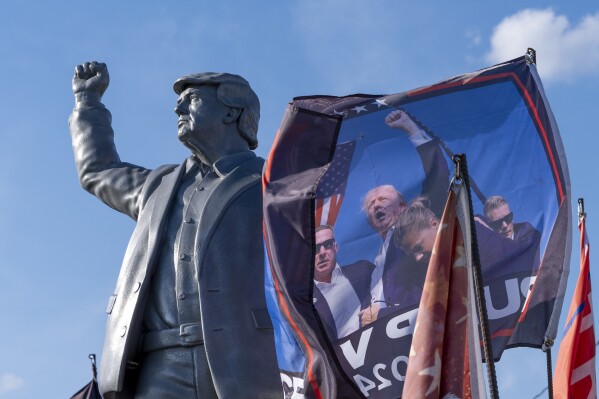 A statue of Republican presidential nominee former President Donald Trump is set up on a truck ahead of a campaign event at the Butler Farm Show, Friday, Oct. 4, 2024, in Butler, Pa. (AP Photo/Alex Brandon)