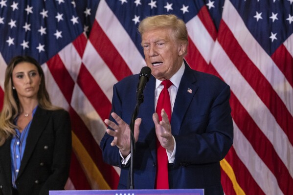 Republican presidential nominee former President Donald Trump speaks during a news conference held at Trump Tower, Friday, Sept., 6, 2024 in New York. (AP Photo/Stefan Jeremiah)