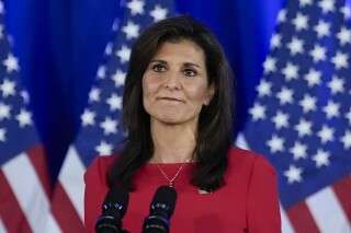 FILE - Republican presidential candidate former UN Ambassador Nikki Haley speaks during a news conference, March 6, 2024, in Charleston, S.C. Haley suspended her presidential campaign, she refused to endorse Donald Trump for the 2024 Republican nomination and apparently so did some of her supporters. Haley won almost 17% of Pennsylvania’s primary vote Tuesday, to Trump’s 83%, despite not campaigning for president since she ended her bid March 6. (AP Photo/Chris Carlson, File)