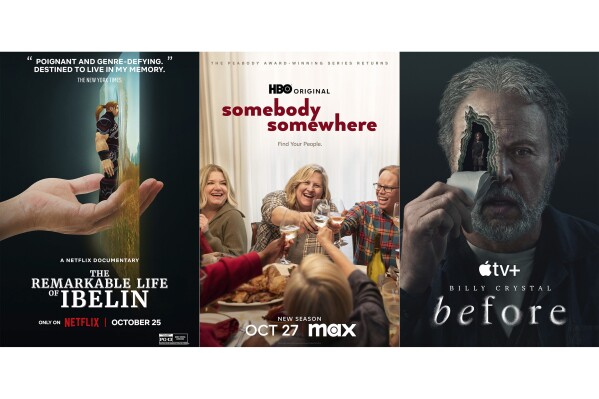 This combination of images shows promotional art for the documentary "The Remarkable Life of Ibelin,” left, the series "Somebody, Somewhere," center, and the new series "Before." (Netflix/Max/Apple TV+ via AP)